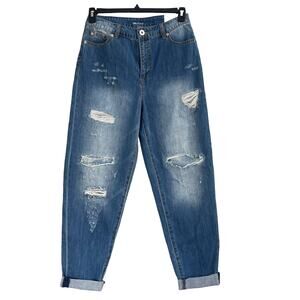 INC SZ 8/29 Cuffed Jeans Distressed Patches High-Rise Pockets Medium Wash Blue